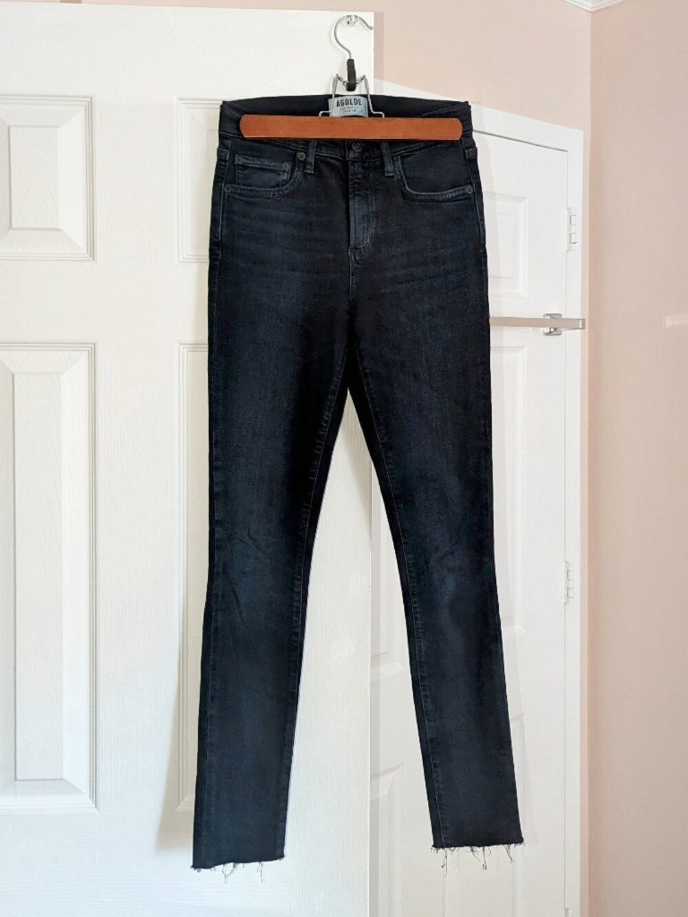 AGOLDE Dark Navy Blue Black Wash Raw Hem High Waisted Denim Skinny Jeans Size 24